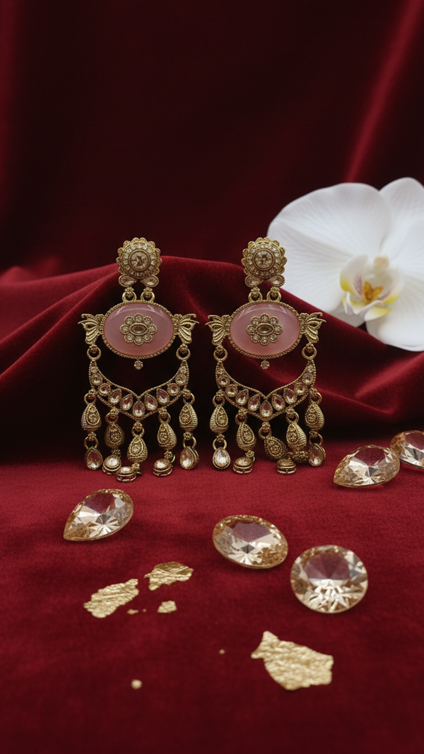 pink pearl chandbali jhumka earrings for women