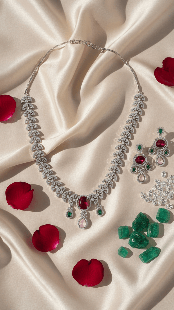 Polki Style American Diamond Necklace with Jhumka Earrings - Ruby Emerald Accents - DIAURA JEWELS