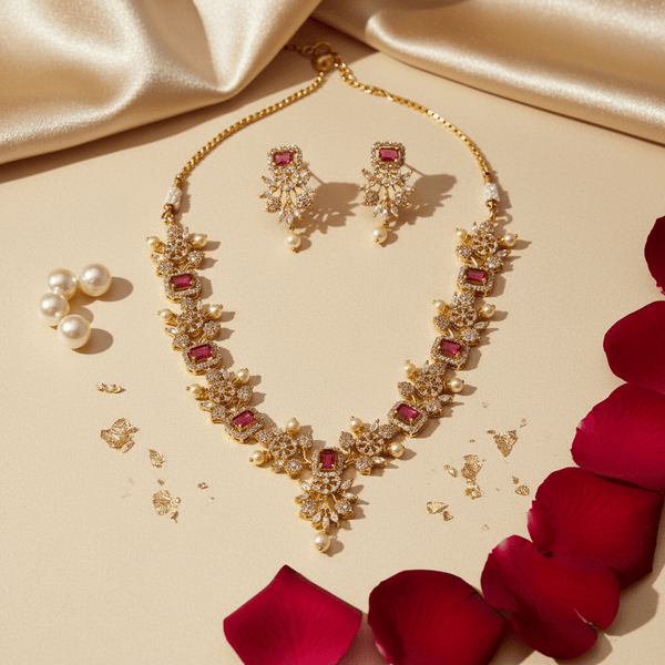 Product Title Ruby American Diamond Floral Necklace with Pearl Drop Earrings - DIAURA JEWELS