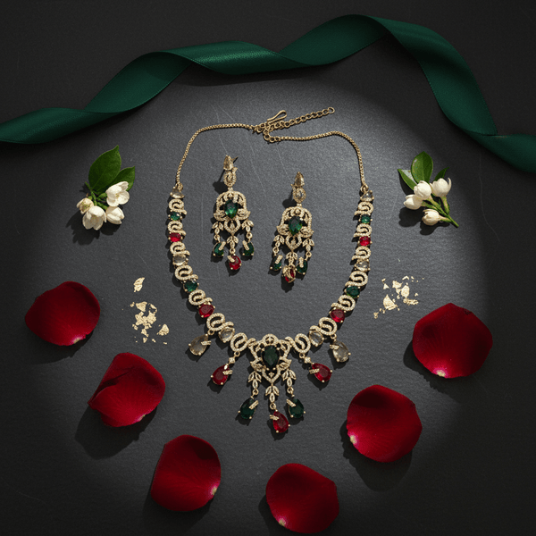 Royal Multi - Color American Diamond Floral Set | Emerald & Ruby Cubic Zirconia Necklace - DIAURA JEWELS