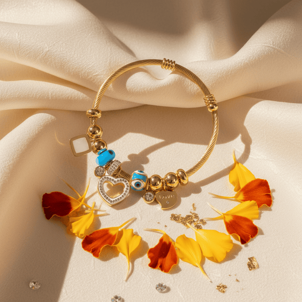 18K Gold Plated Charm Bracelet for Women | Stainless Steel Evil Eye & Heart Charm Adjustable Bracelet | Premium Designer Jewellery – Diaura Jewels - DIAURA JEWELS