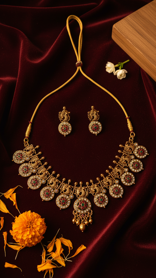 Diaura Jewels | Heritage Peacock Temple Necklace Set | Antique Gold Plated Choker with Ruby & Emerald Stones