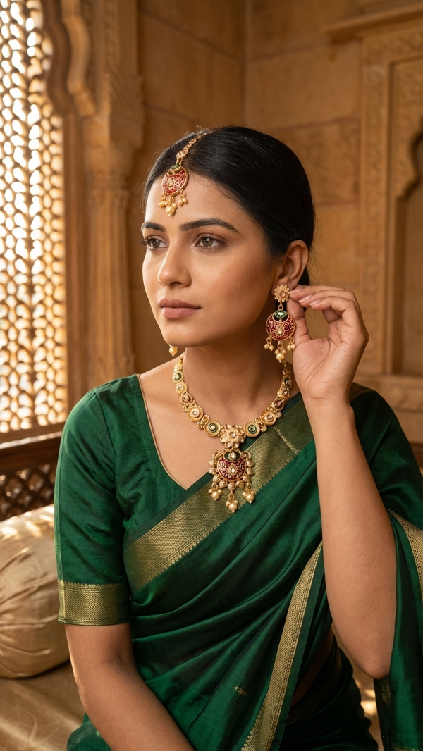 Kundan Polki Meenakari Set with Maang Tikka - Necklace Earrings Bridal