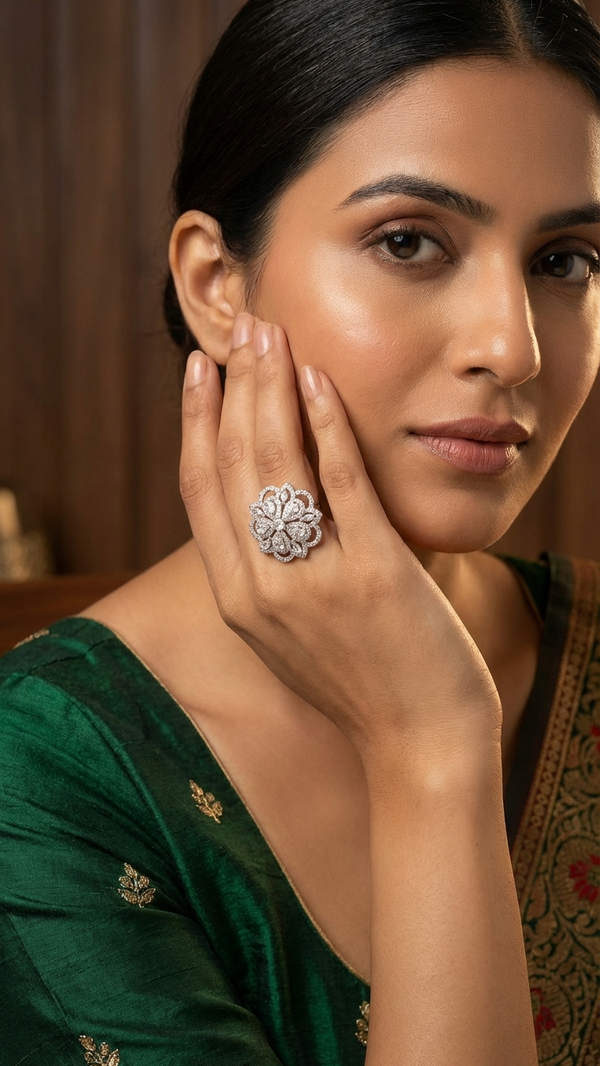 Floral American Diamond Cluster Ring - Rhodium Plated Statement Ring