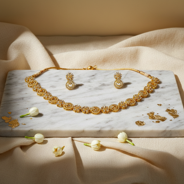 American Diamond Mehandi Floral Necklace with Chandelier Earrings - Gold Plated Set