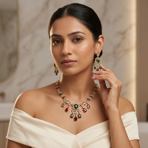 Royal Multi-Color American Diamond Floral Set | Emerald & Ruby Cubic Zirconia Necklace