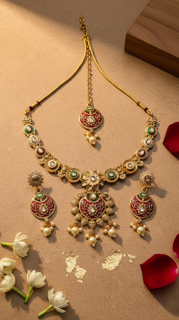 Kundan Polki Meenakari Set with Maang Tikka - Necklace Earrings Bridal