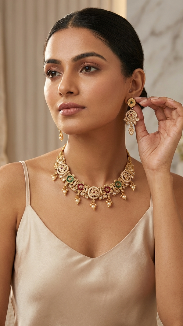 Luxury Kundan Bridal Necklace Set with Earrings | Traditional Indian Gold Plated Wedding Jewelry | Royal Ethnic Statement Necklace for Women