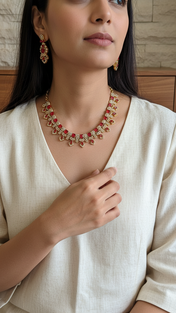 Red American Diamond Kundan Choker Necklace Set Gold Plated | Imitation Bridal Jewellery Women | Diaura Jewels