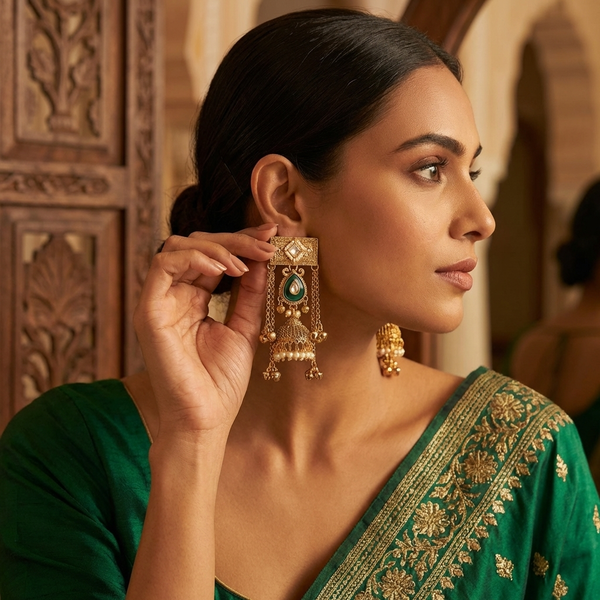 Kashmiri Royal Jhumka Earrings for Women | Gold Plated Traditional Pearl & Emerald Drop Statement Earrings diaura jewels