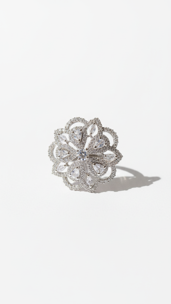 Floral American Diamond Cluster Ring - Rhodium Plated Statement Ring