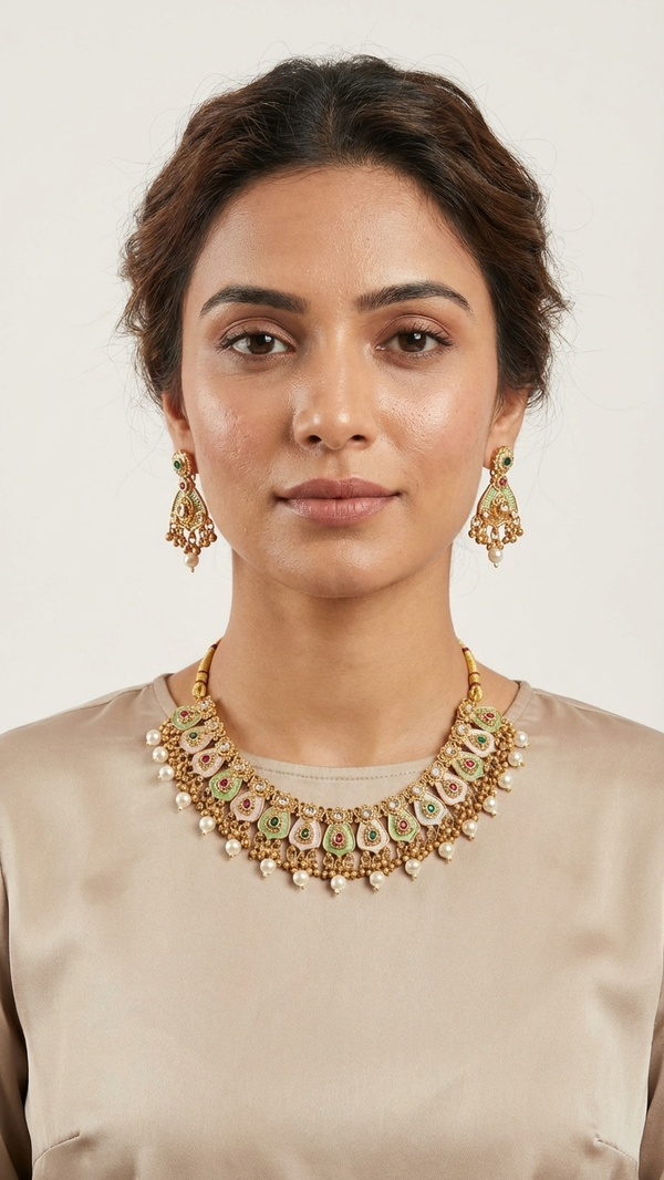 Multicolor Meenakari Kundan Necklace Set Gold Plated | Polki Pearl Choker Jewellery for Wedding | Diaura Jewels