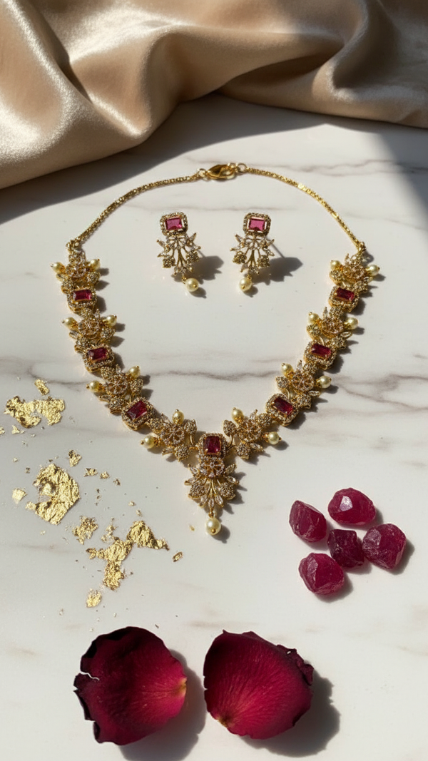Product Title Ruby American Diamond Floral Necklace with Pearl Drop Earrings