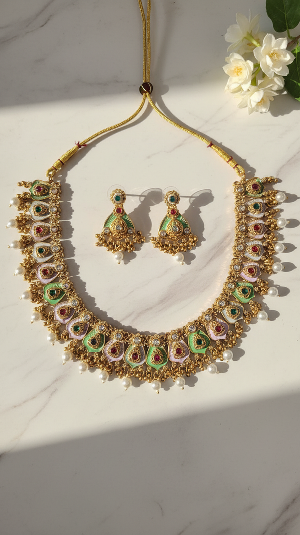Multicolor Meenakari Kundan Necklace Set Gold Plated | Polki Pearl Choker Jewellery for Wedding | Diaura Jewels