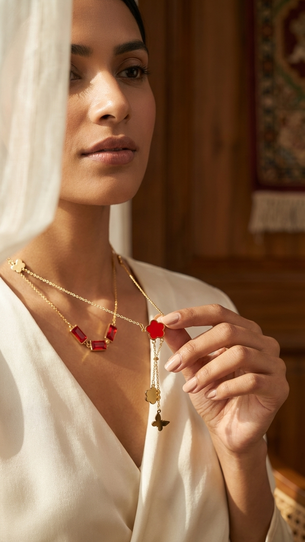 Luxury Layered Ruby Charm Necklace – Elegant Gold Statement Jewellery | DIAURA Jewels