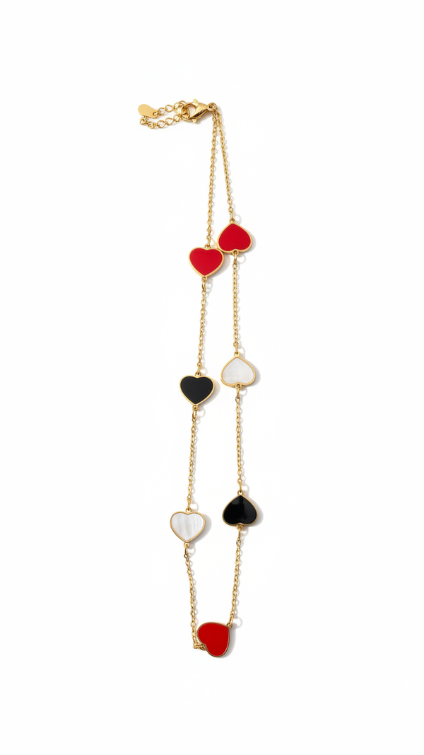 Multi Heart Layered Necklace - Red Black White Heart Charms