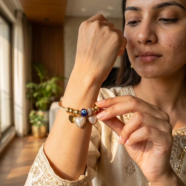 Luxury Gold Charm Bracelet for Women | Pearl & Heart Designer Bracelet | Elegant Adjustable Bracelet – Diaura Jewels