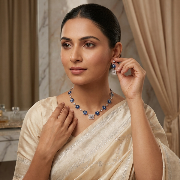 Blue American diamond floral necklace with stud earrings by Diaura Jewels, party casual wear