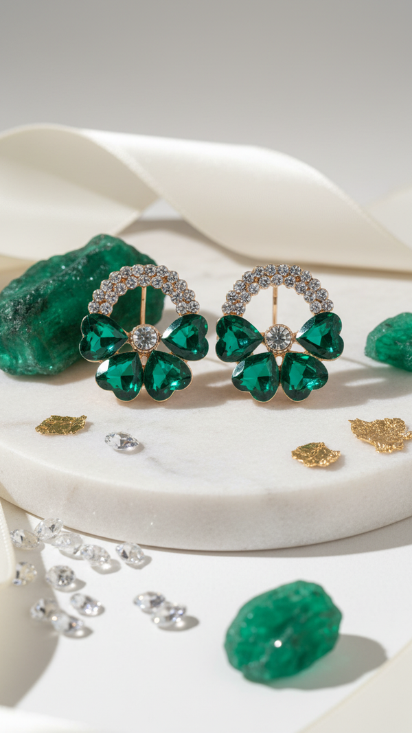  Diaura gold plated emerald green heart cluster hoop earrings on white marble with emerald stones crystals gold flakes, model in white top