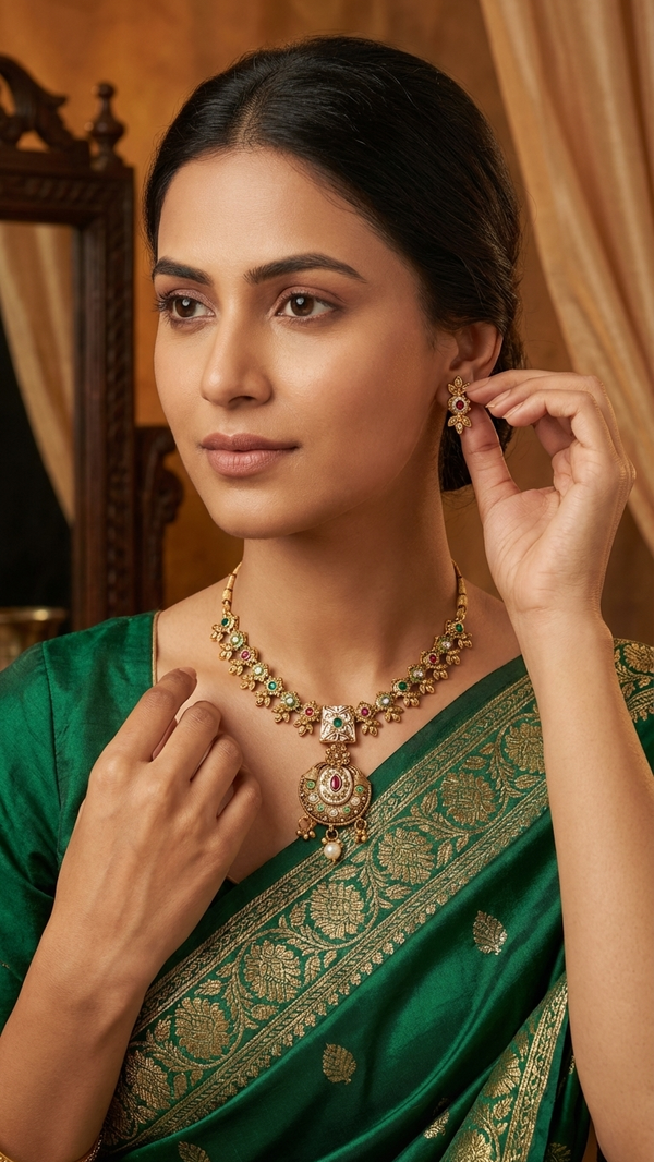 Kundan Meenakari Polki Necklace with Chandbali Earrings - Multicolor Bridal Set