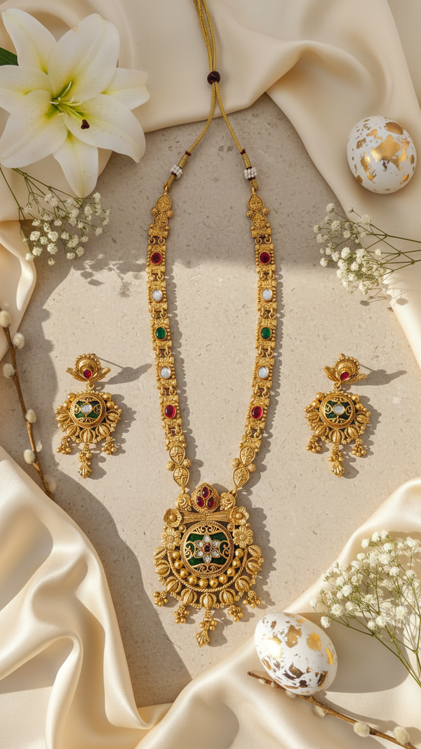 Green Red Kundan Long Necklace Set Gold Plated | Imitation Rajasthani Temple Jewellery | Diaura Jewels
