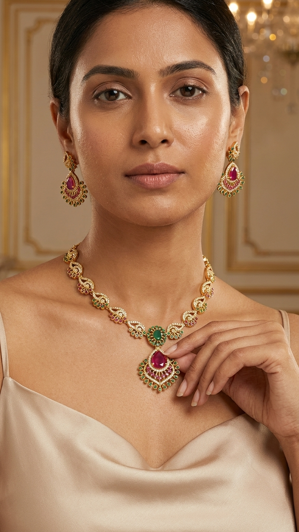 Green Ruby American Diamond Kundan Necklace Set Gold Plated | Imitation Temple Bridal Jewellery | Diaura Jewels