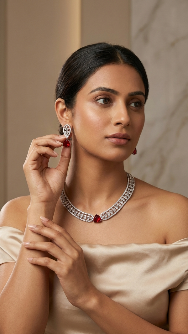 Luxury American Diamond Necklace Set with Earrings | Red Crystal Pendant Designer Jewelry | Elegant Wedding & Party Jewelry for Women