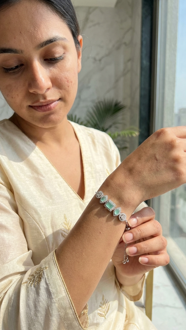 Elegant Aqua Green Stone Adjustable Bracelet with CZ Halo – Luxury Women Bracelet