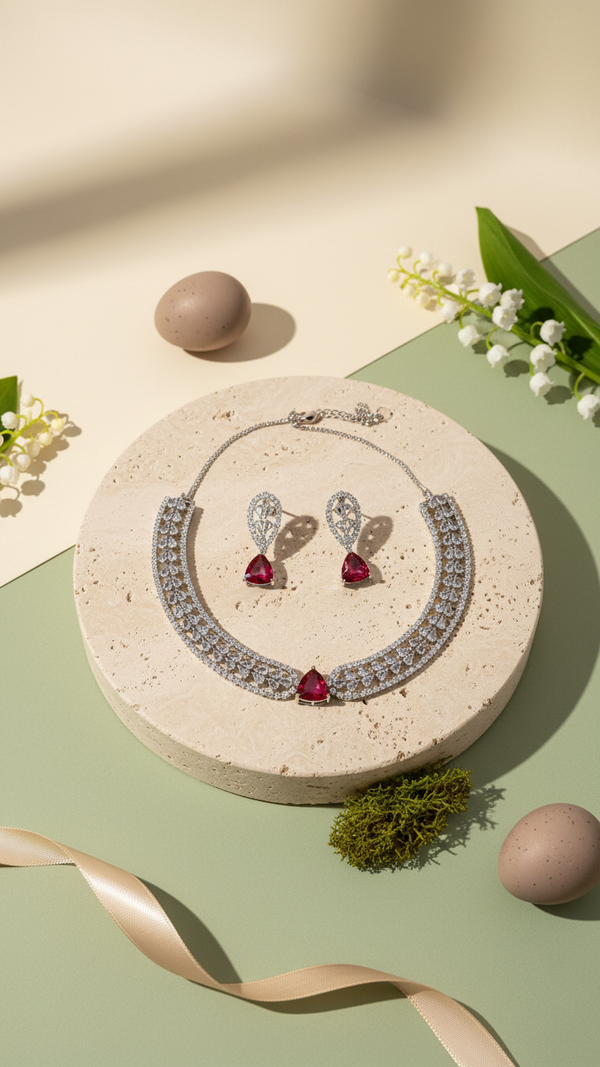 Luxury American Diamond Necklace Set with Earrings | Red Crystal Pendant Designer Jewelry | Elegant Wedding & Party Jewelry for Women