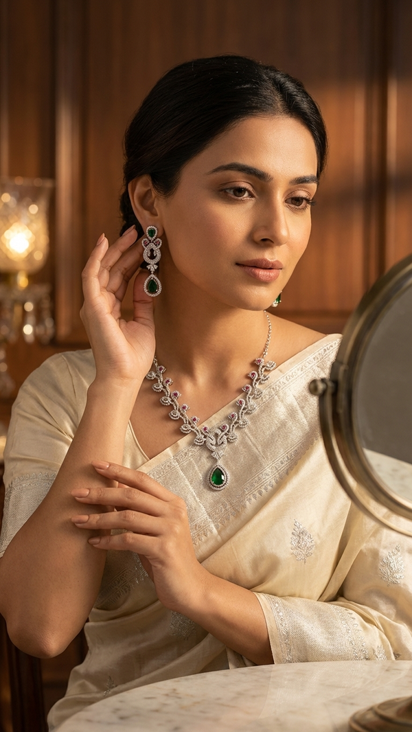 Luxury American Diamond Green Teardrop Necklace Set with Earrings for Women | Wedding & Party Jewellery | DIAURA JEWELS