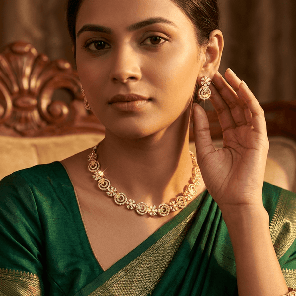 American Diamond Mehandi Floral Necklace with Chandelier Earrings - Gold Plated Set - DIAURA JEWELS