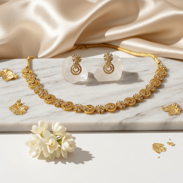 American Diamond Mehandi Floral Necklace with Chandelier Earrings - Gold Plated Set - DIAURA JEWELS