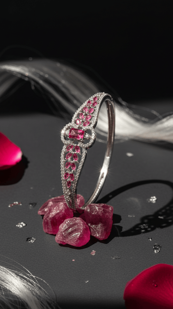American Diamond Ruby Stone Designer Bangle – Luxury Silver Tone Statement Bracelet for Women | Diaura Jewels - DIAURA JEWELS