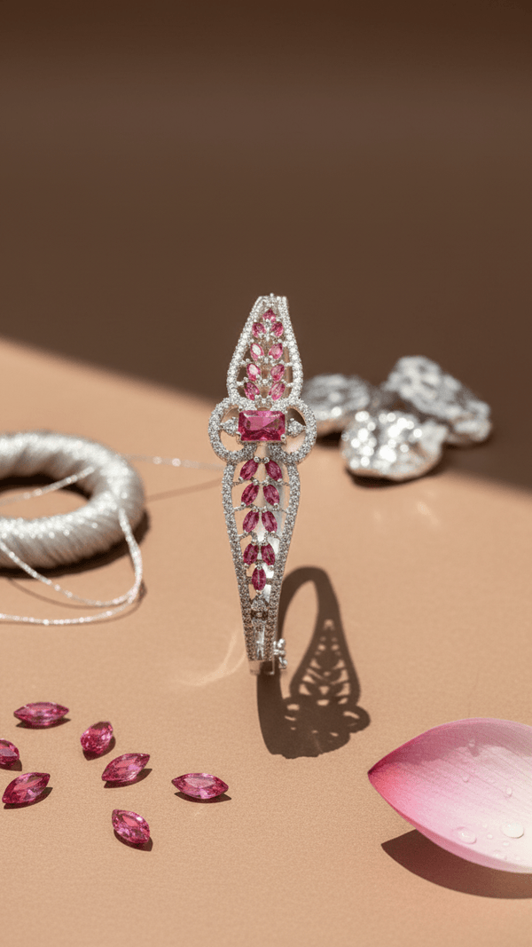 American Diamond Ruby Stone Designer Bangle – Luxury Silver Tone Statement Bracelet for Women | Diaura Jewels - DIAURA JEWELS