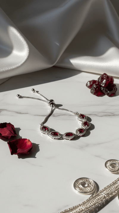 American Diamond Ruby Stone Designer Bracelet – Luxury Silver Tone Elegant Bracelet for Women | Diaura Jewels