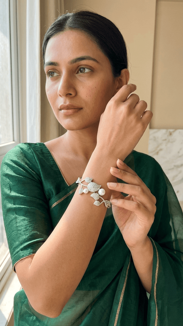 American Diamond Silver Tone Bracelet with Pearl Accents – Luxury Designer Bracelet for Women | Diaura Jewels - DIAURA JEWELS