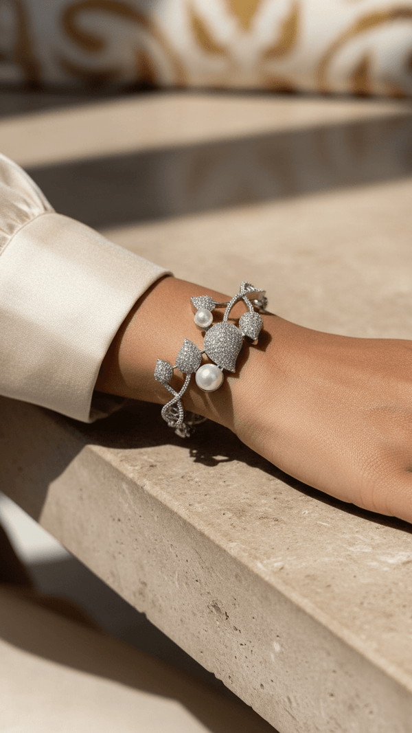 American Diamond Silver Tone Bracelet with Pearl Accents – Luxury Designer Bracelet for Women | Diaura Jewels - DIAURA JEWELS