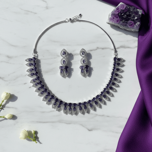 Amethyst American Diamond Leaf Necklace with Drop Earrings - Silver Tone Set - DIAURA JEWELS