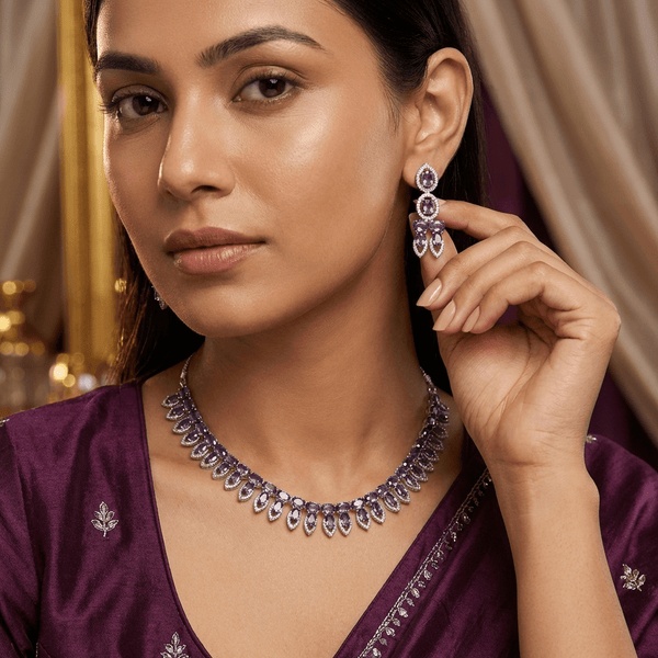 Amethyst American Diamond Leaf Necklace with Drop Earrings - Silver Tone Set - DIAURA JEWELS