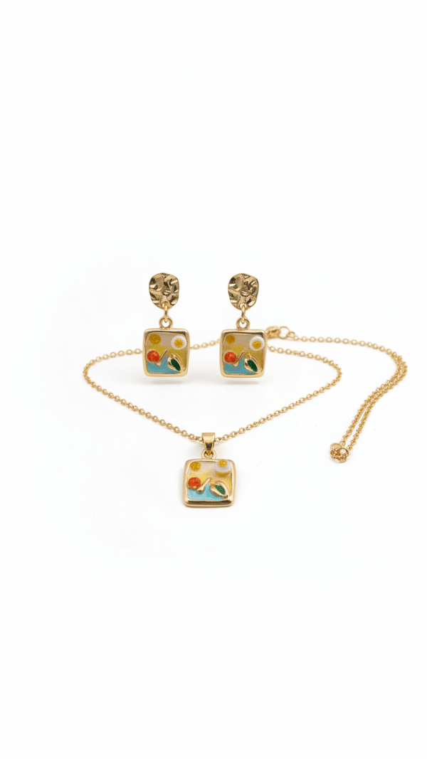 Artistic Square Enamel Pendant Necklace - Floral Mosaic Design - DIAURA JEWELS
