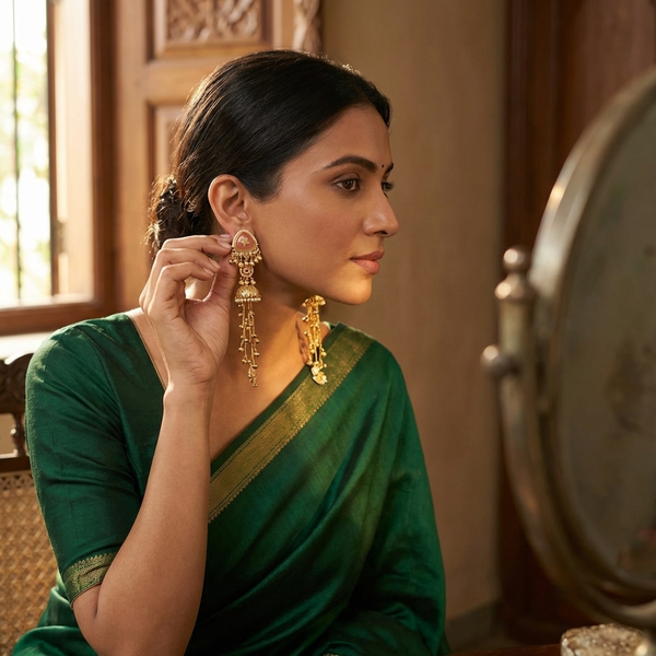 woman wearing traditional kashmiri style long jhumka earrings by Diaura Jewels