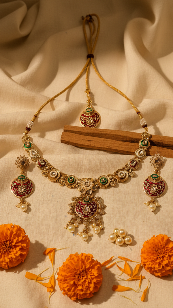 Kundan Polki Meenakari Set with Maang Tikka - Necklace Earrings Bridal