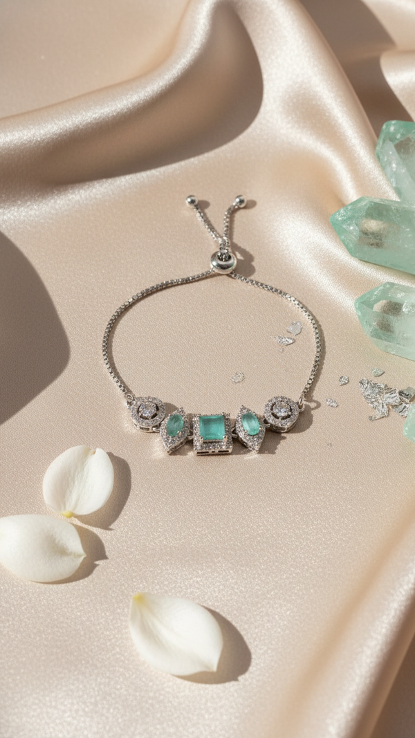 Elegant Aqua Green Stone Adjustable Bracelet with CZ Halo – Luxury Women Bracelet