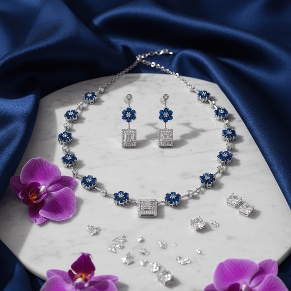 Blue American Diamond Floral Necklace with Stud Earrings - Silver Tone Set - DIAURA JEWELS