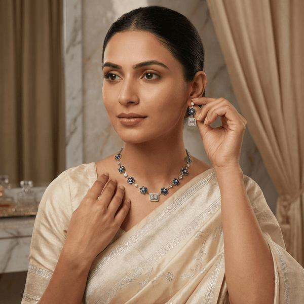 Blue American Diamond Floral Necklace with Stud Earrings - Silver Tone Set - DIAURA JEWELS