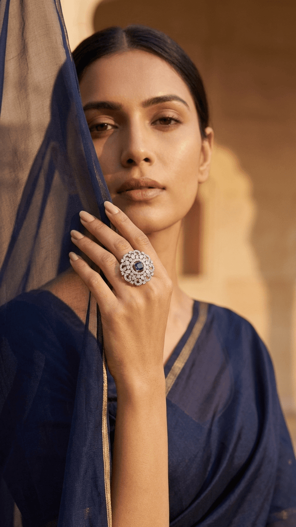 Blue American Diamond Floral Statement Ring for Women | Diaura Jewels - DIAURA JEWELS