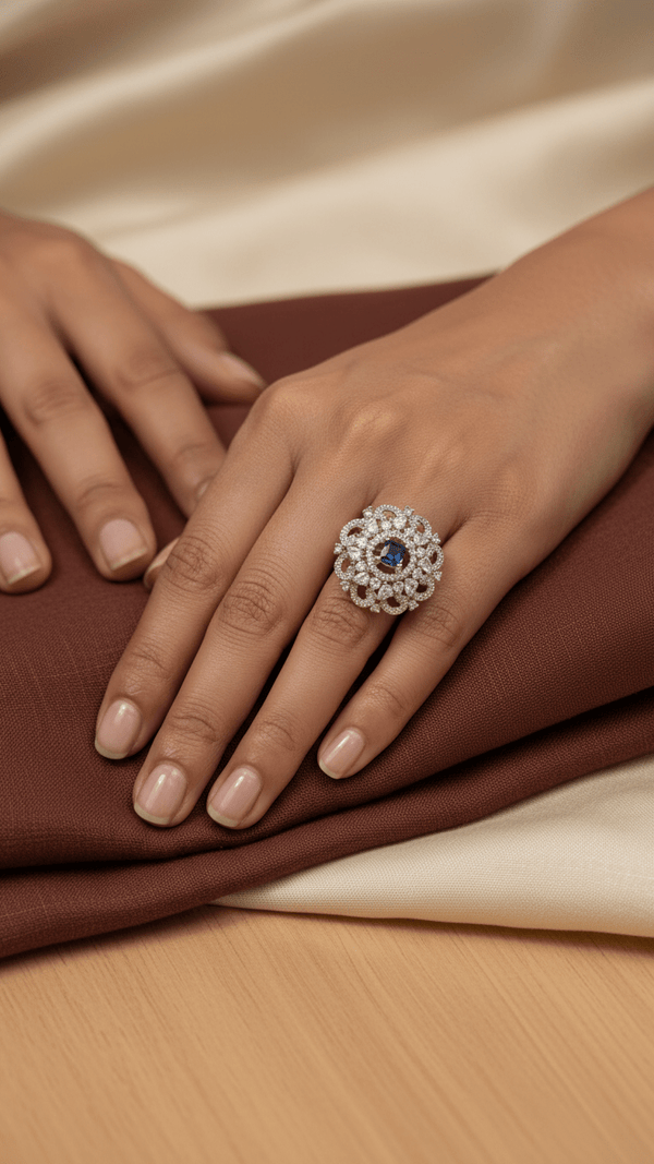 Blue American Diamond Floral Statement Ring for Women | Diaura Jewels - DIAURA JEWELS