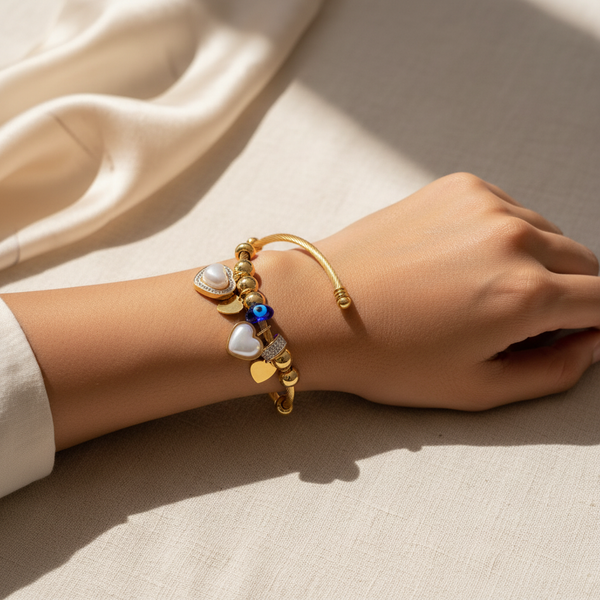 Luxury Gold Charm Bracelet for Women | Pearl & Heart Designer Bracelet | Elegant Adjustable Bracelet – Diaura Jewels