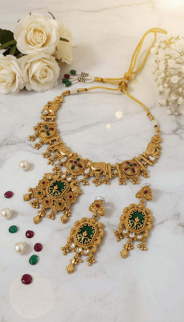 Diaura Jewels Emerald Opulence Temple Necklace Set - DIAURA JEWELS