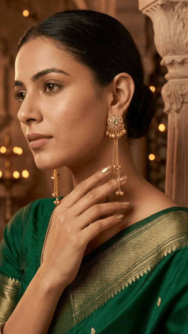 Diaura Jewels | Royal Kashmiri Meenakari Long Drop Jhumka Earrings | Antique Gold Plated Pearl Dangle Earrings for Weddings - DIAURA JEWELS
